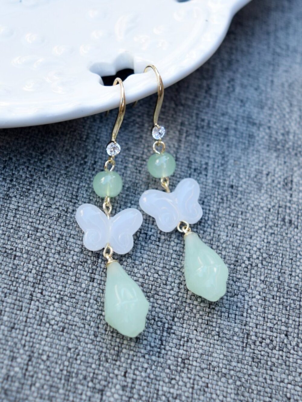 White Butterfly Green Drop Dangle Earrings - Jade Style Earrings